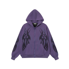 Omirad Flame Print Rhinestone Zip-Up Hoodie