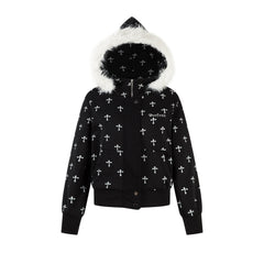 Omirad Cross Print Faux Fur Hooded Jacket
