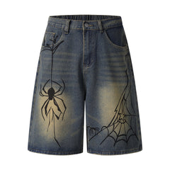 Omirad Spiderweb Graphic Wide-Leg Denim Shorts