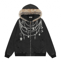 Omirad Chain Print Faux Fur Hooded Jacket