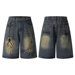 Omirad Spiderweb Graphic Wide-Leg Denim Shorts