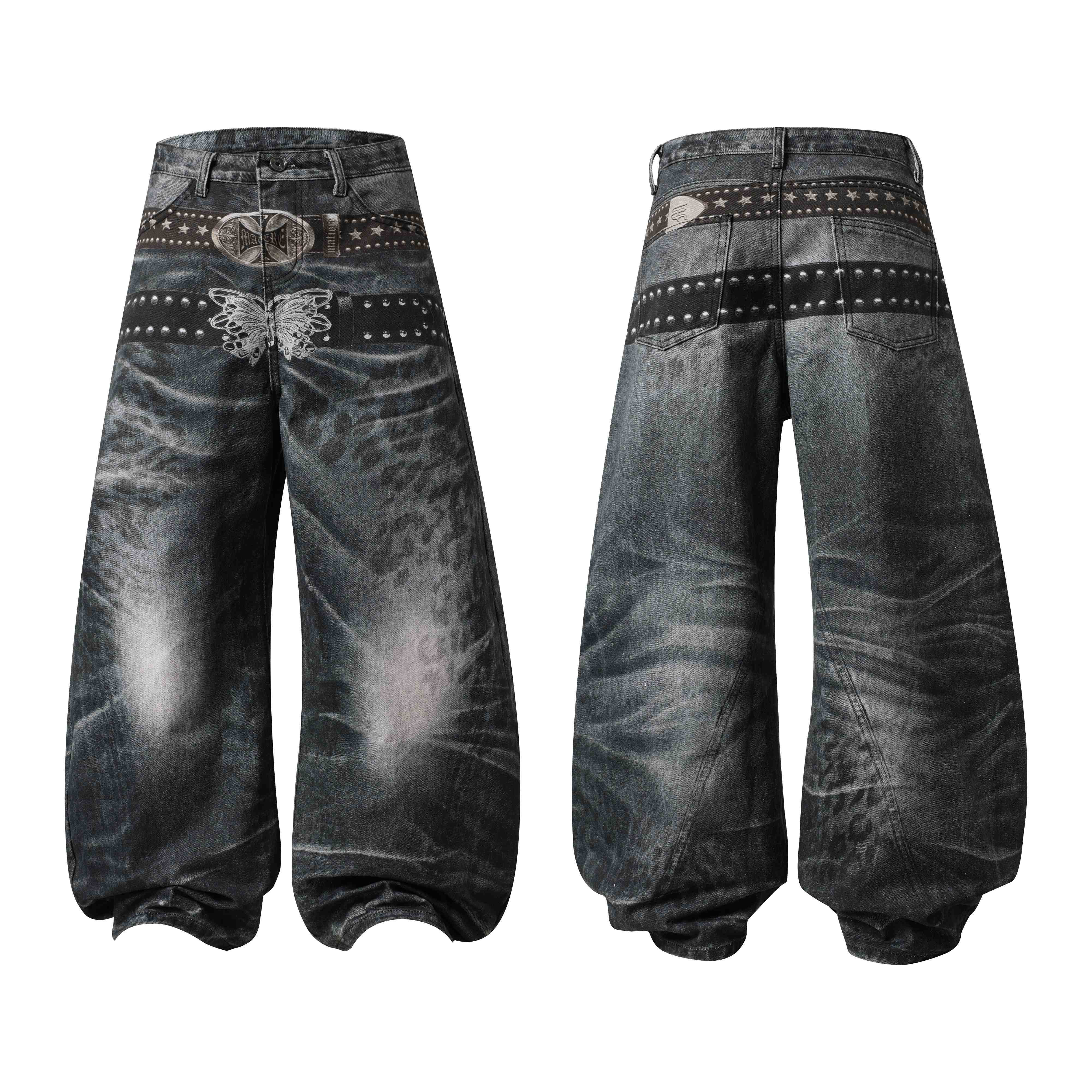 Omirad Washed Studded Wide-Leg Jeans