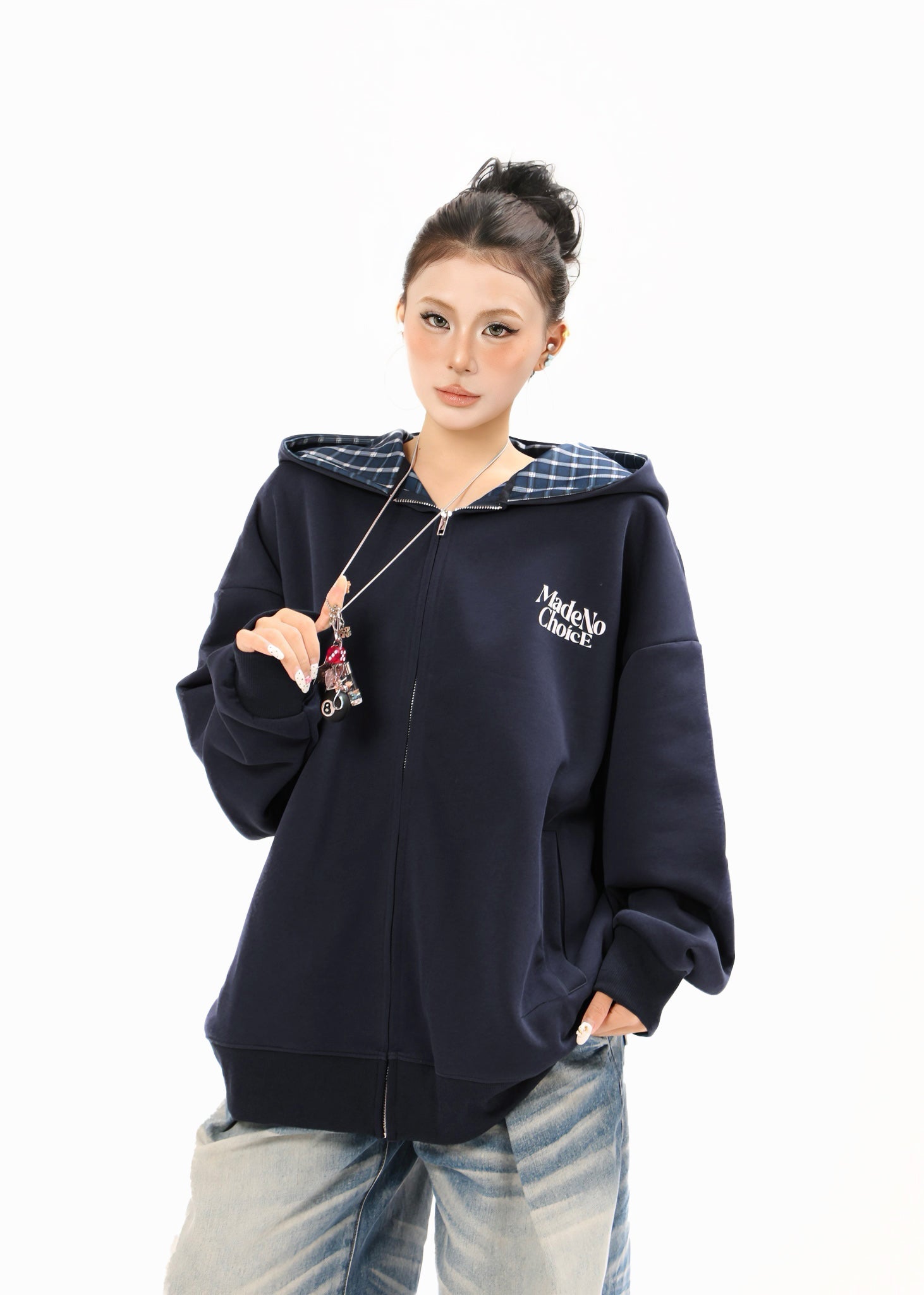 Omirad Plaid-Lined Minimal Zip Hoodie
