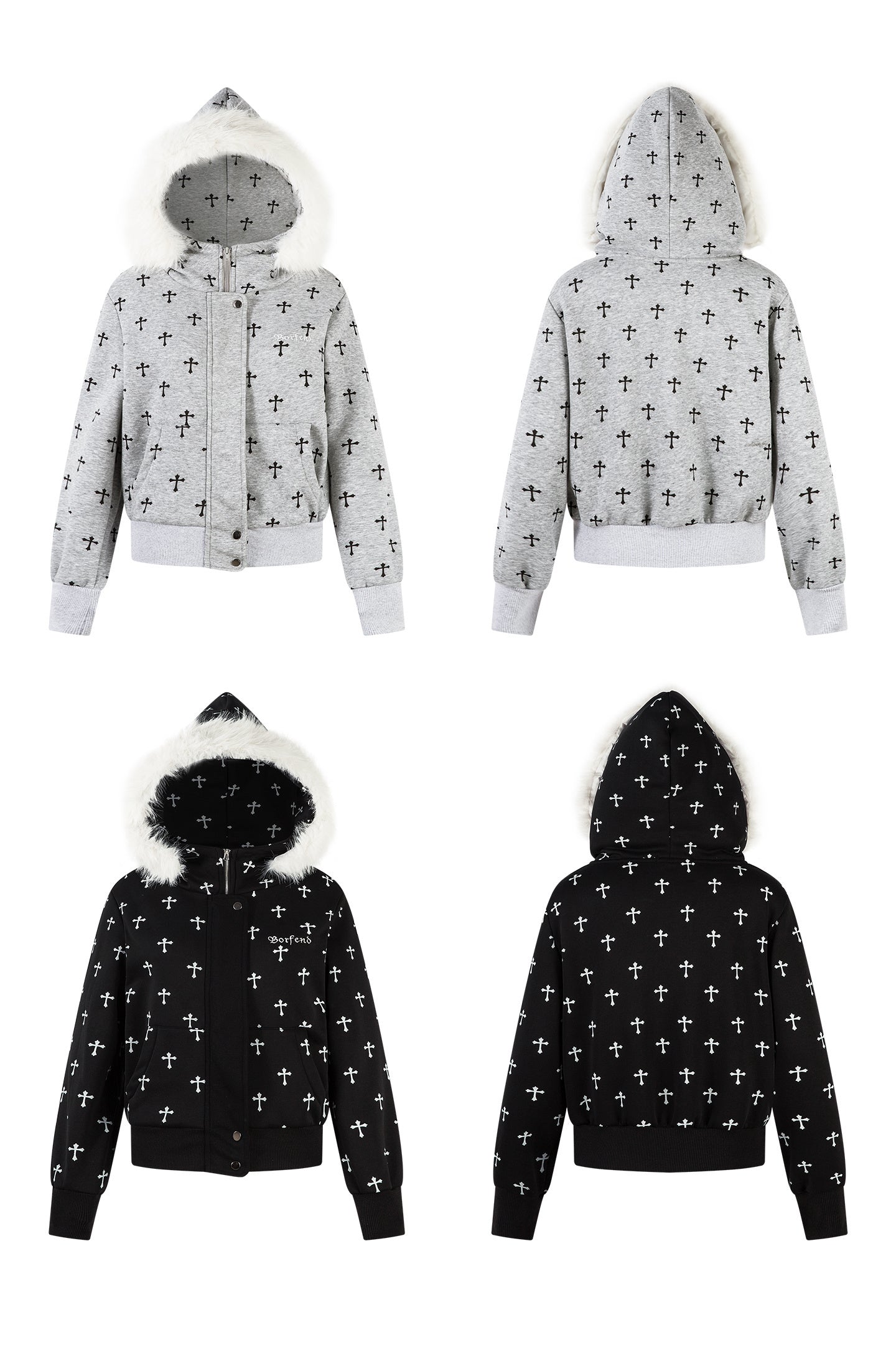 Omirad Cross Print Faux Fur Hooded Jacket