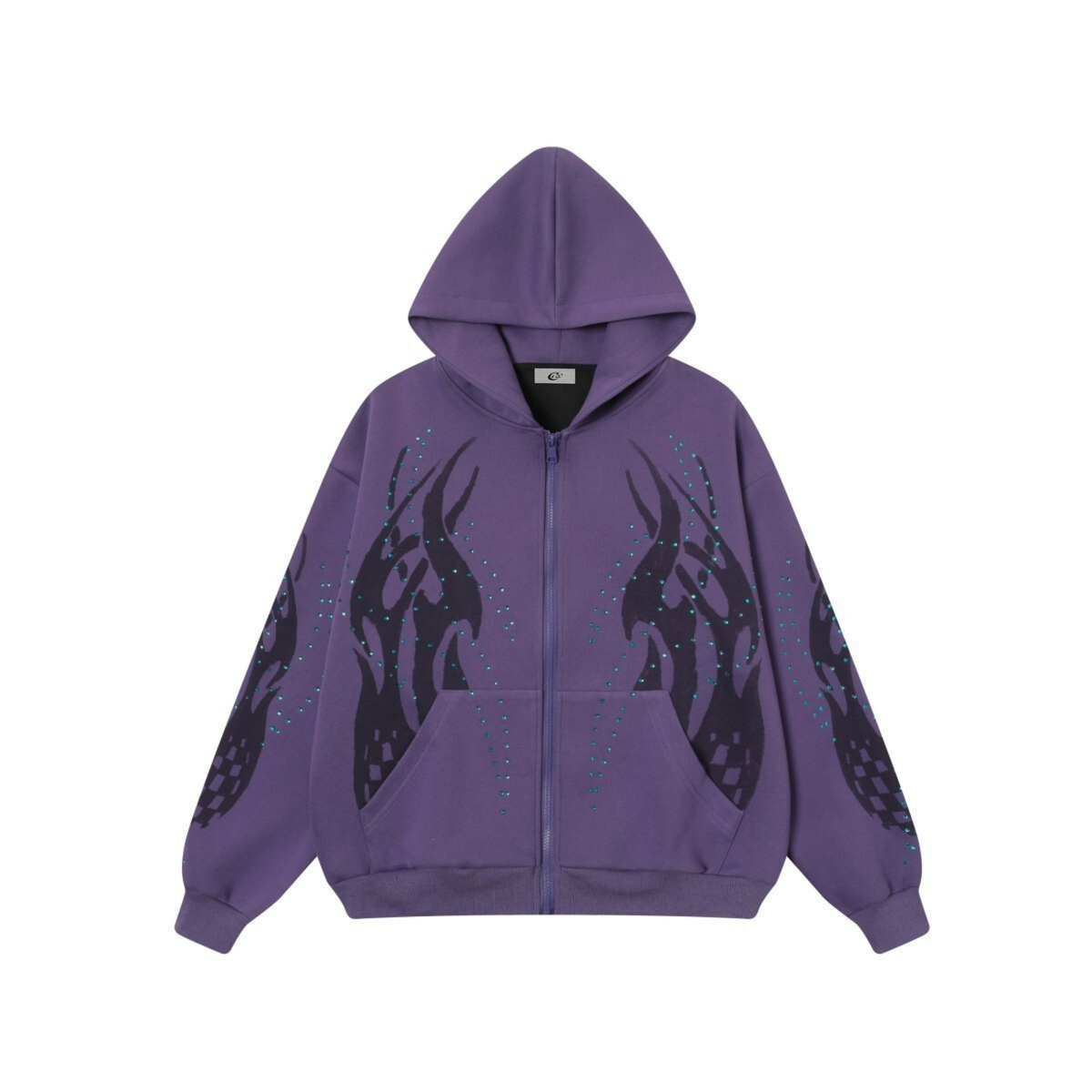 Omirad Flame Print Rhinestone Zip-Up Hoodie