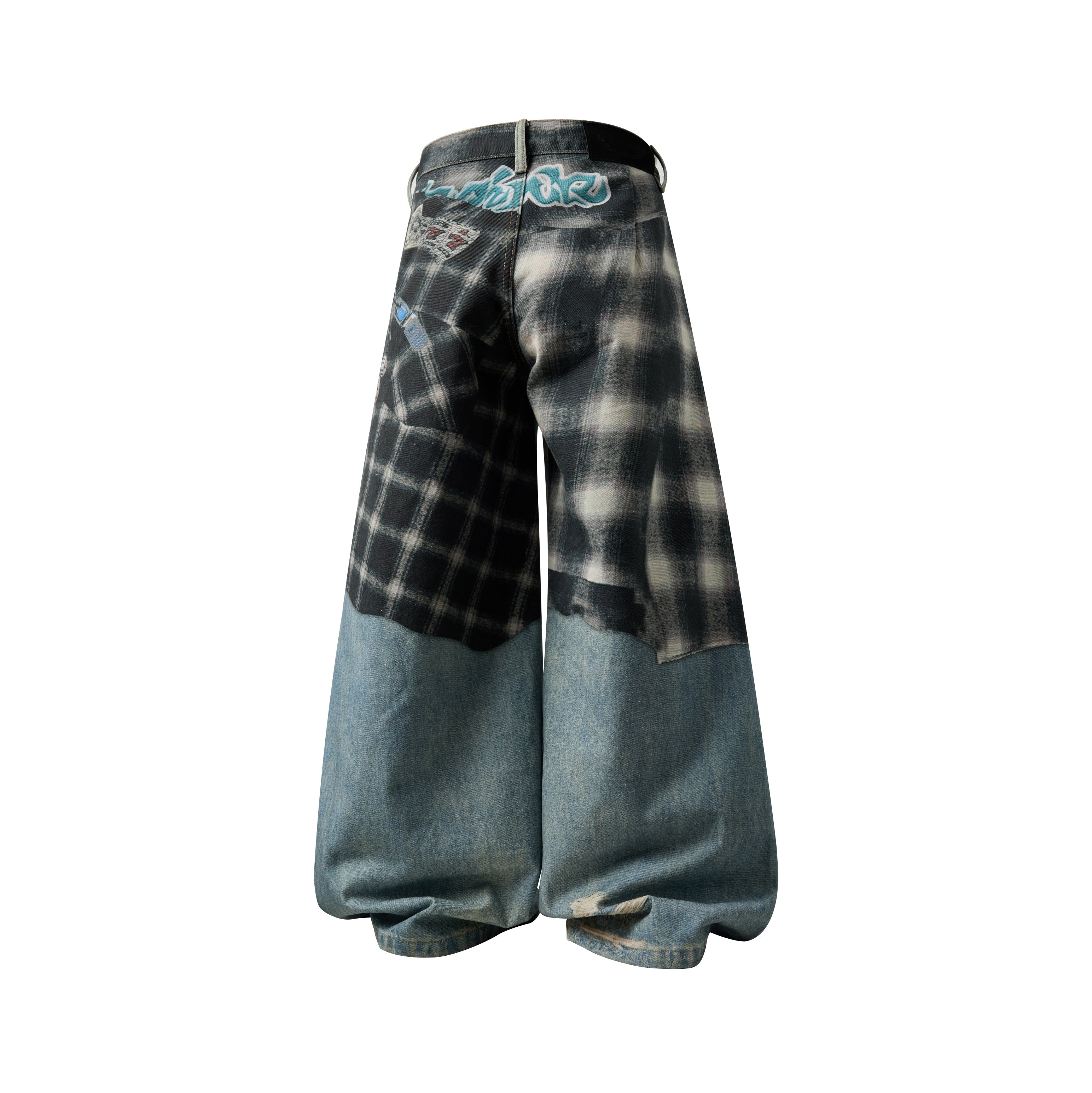 Omirad “Layered Flannel Patchwork Balloon Jeans”