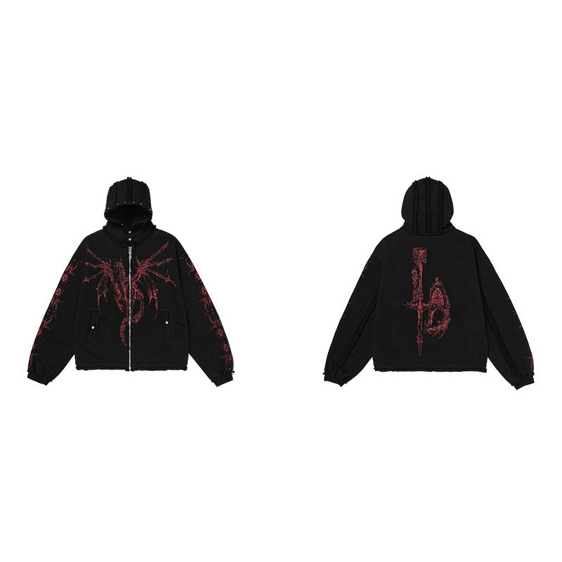Omirad Gothic Dragon Graphic Zip-Up Hoodie