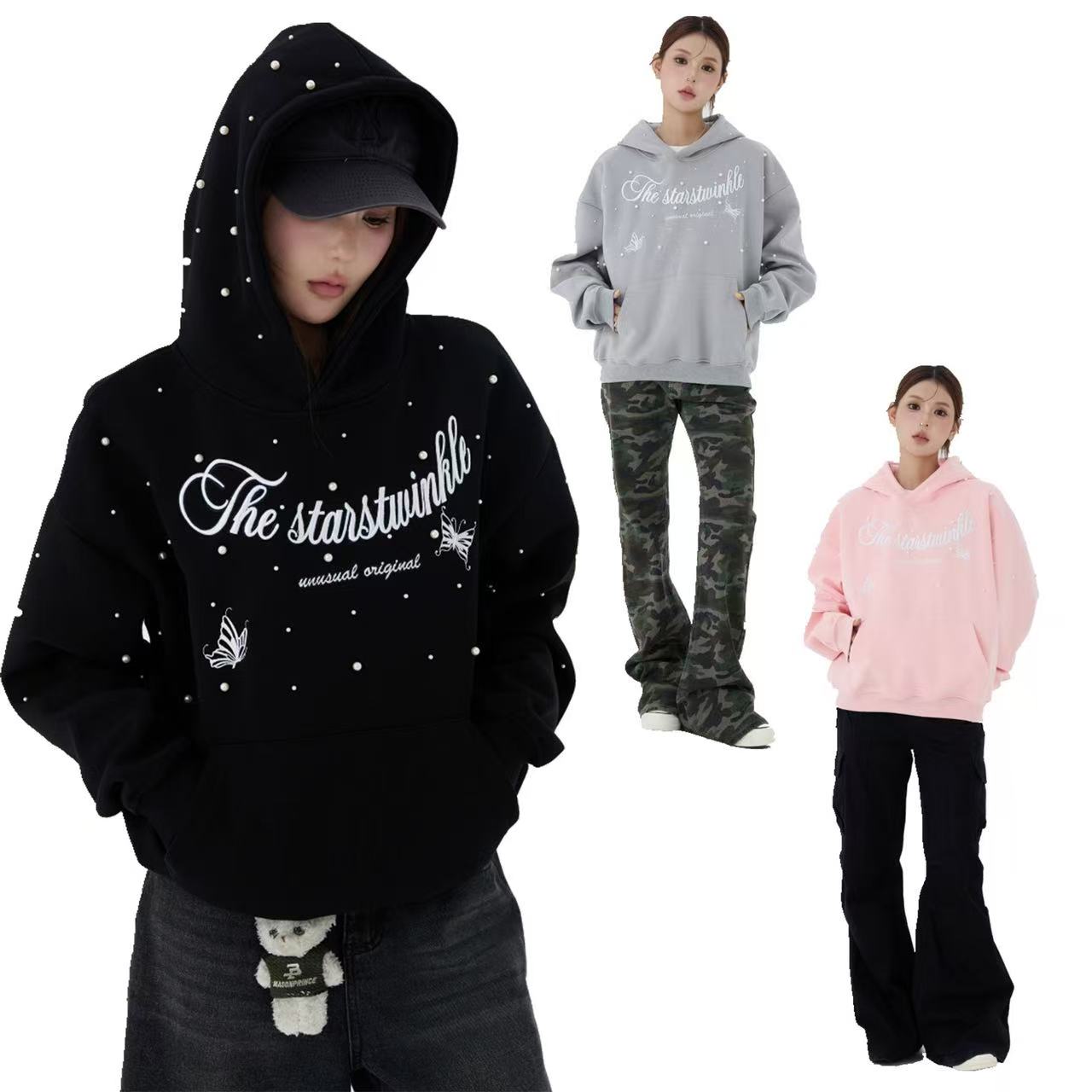 Omirad Rhinestone Script Pullover Hoodie