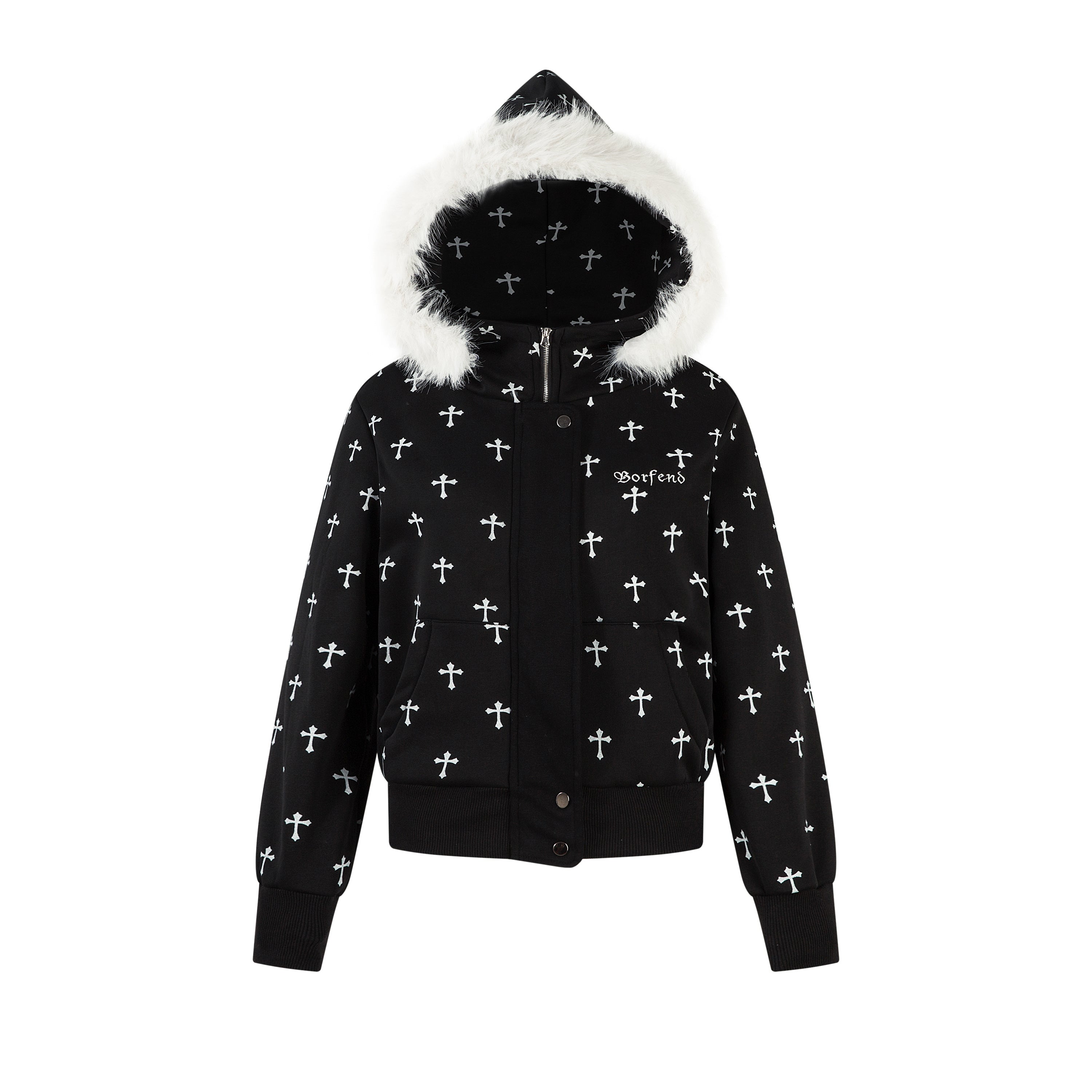 Omirad Cross Print Faux Fur Hooded Jacket