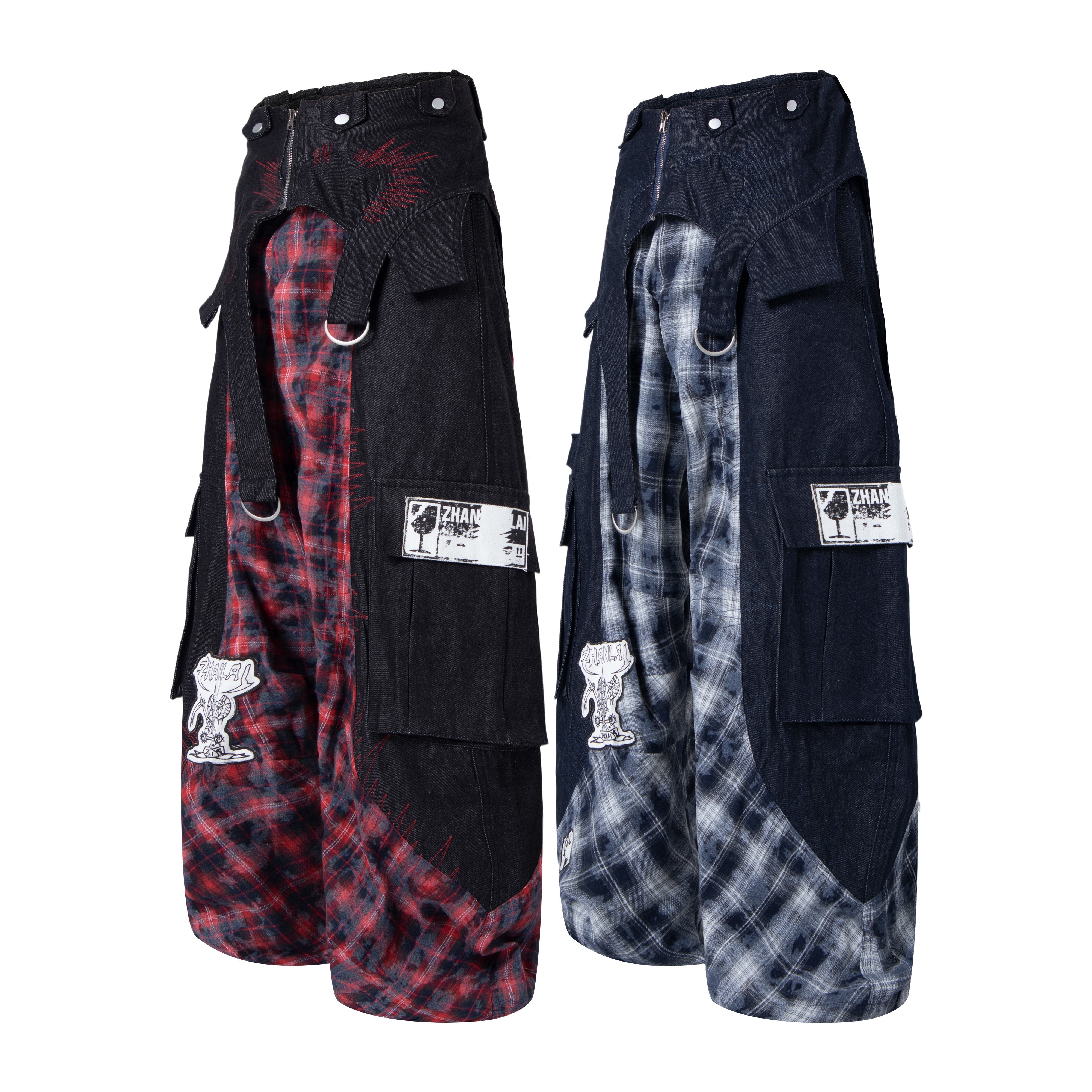 Omirad Layered Plaid Panel Wide-Leg Pants