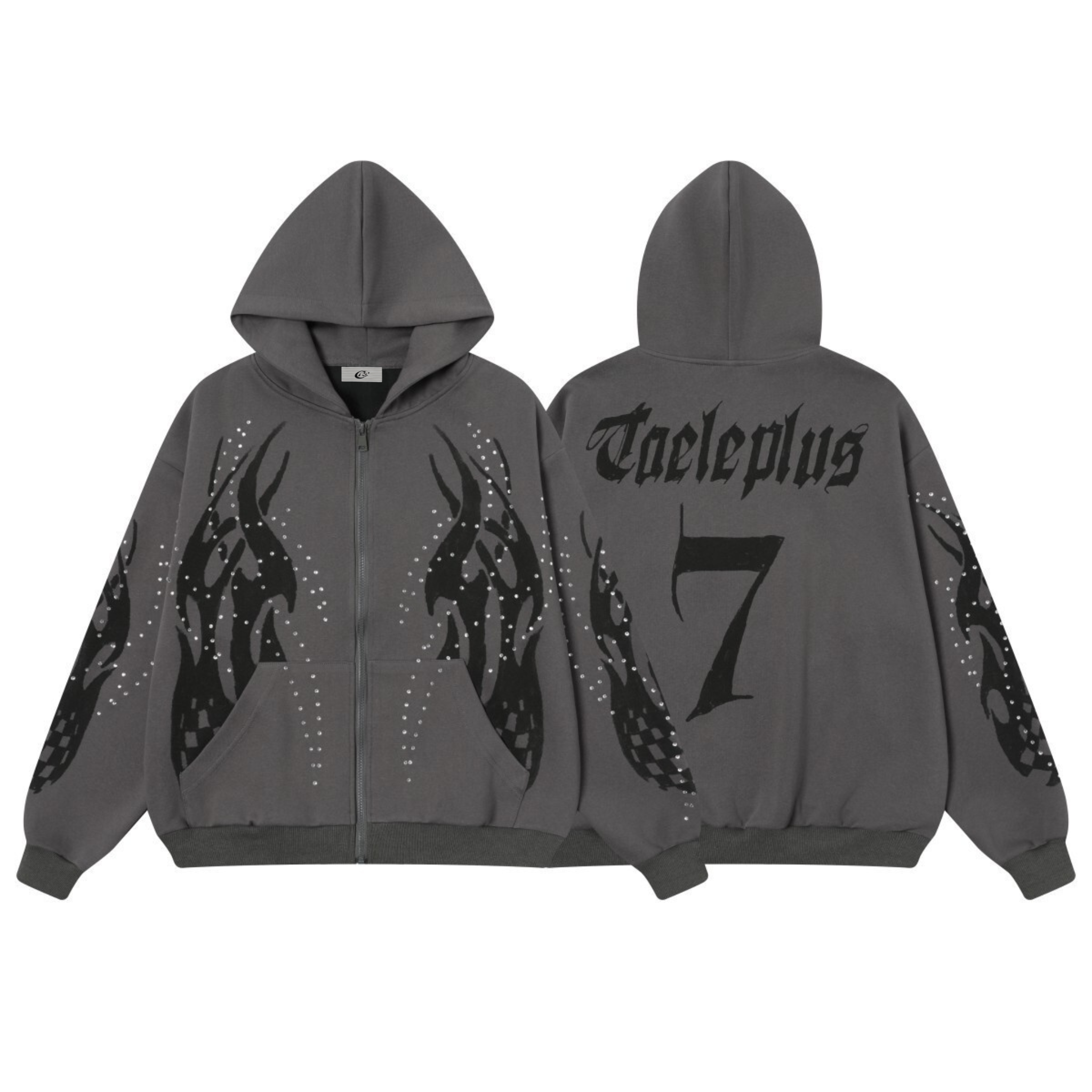 Omirad Flame Print Rhinestone Zip-Up Hoodie