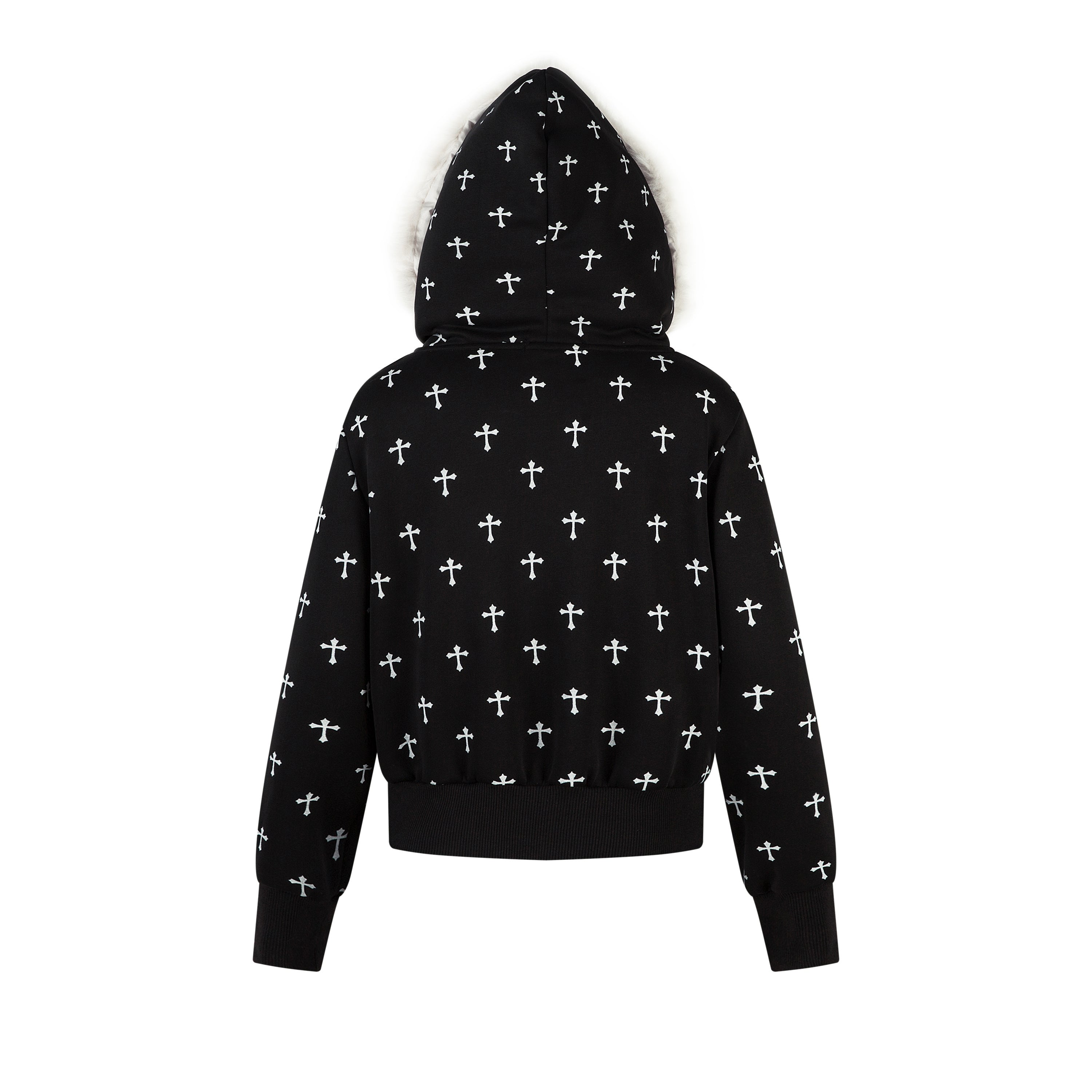 Omirad Cross Print Faux Fur Hooded Jacket