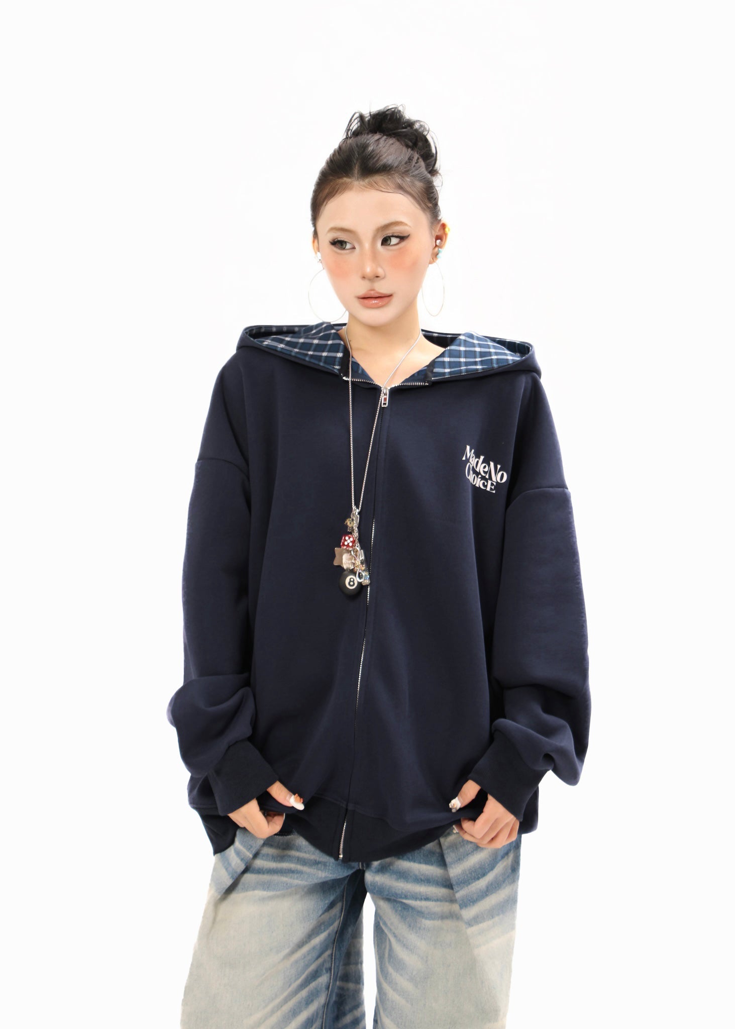 Omirad Plaid-Lined Minimal Zip Hoodie