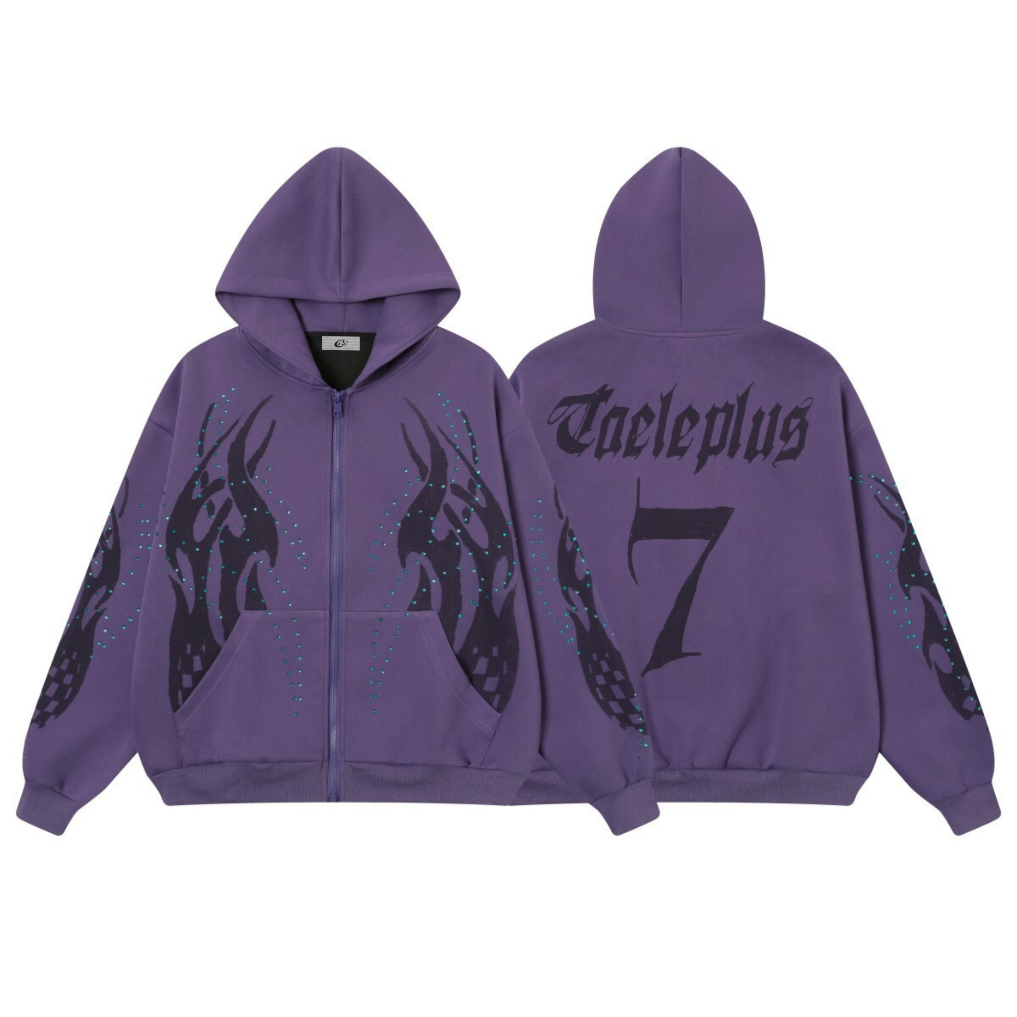 Omirad Flame Print Rhinestone Zip-Up Hoodie