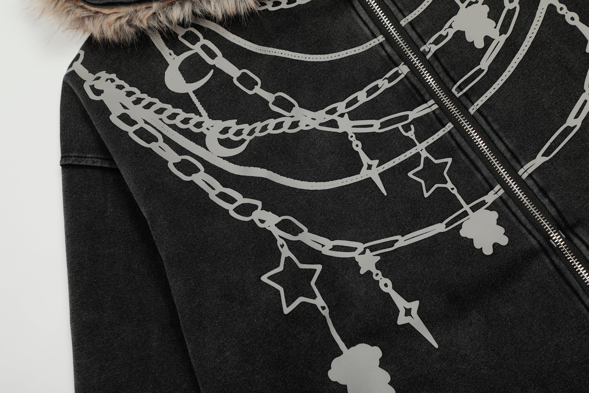 Omirad Chain Print Faux Fur Hooded Jacket