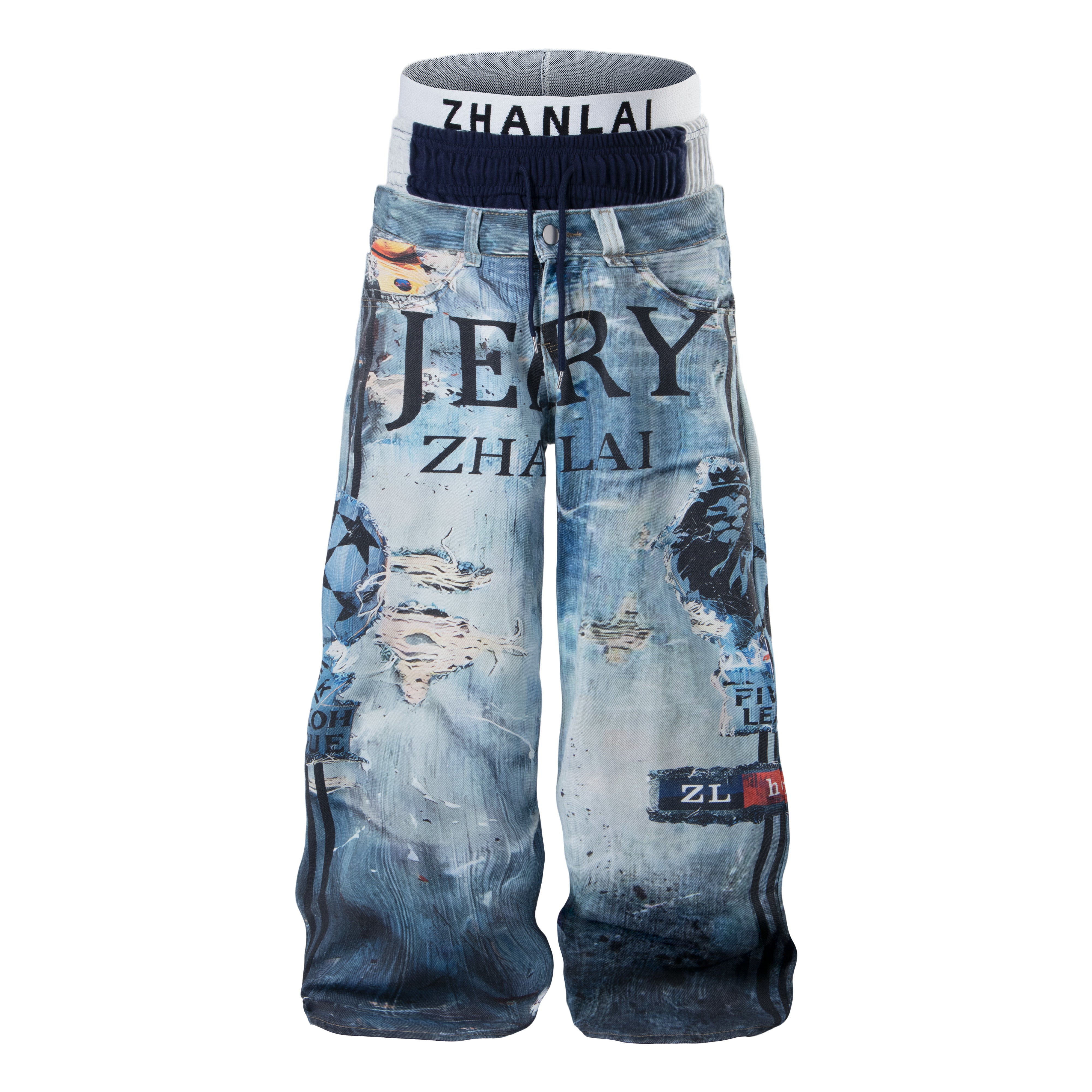 Omirad Layered Waist Graphic Denim Pants