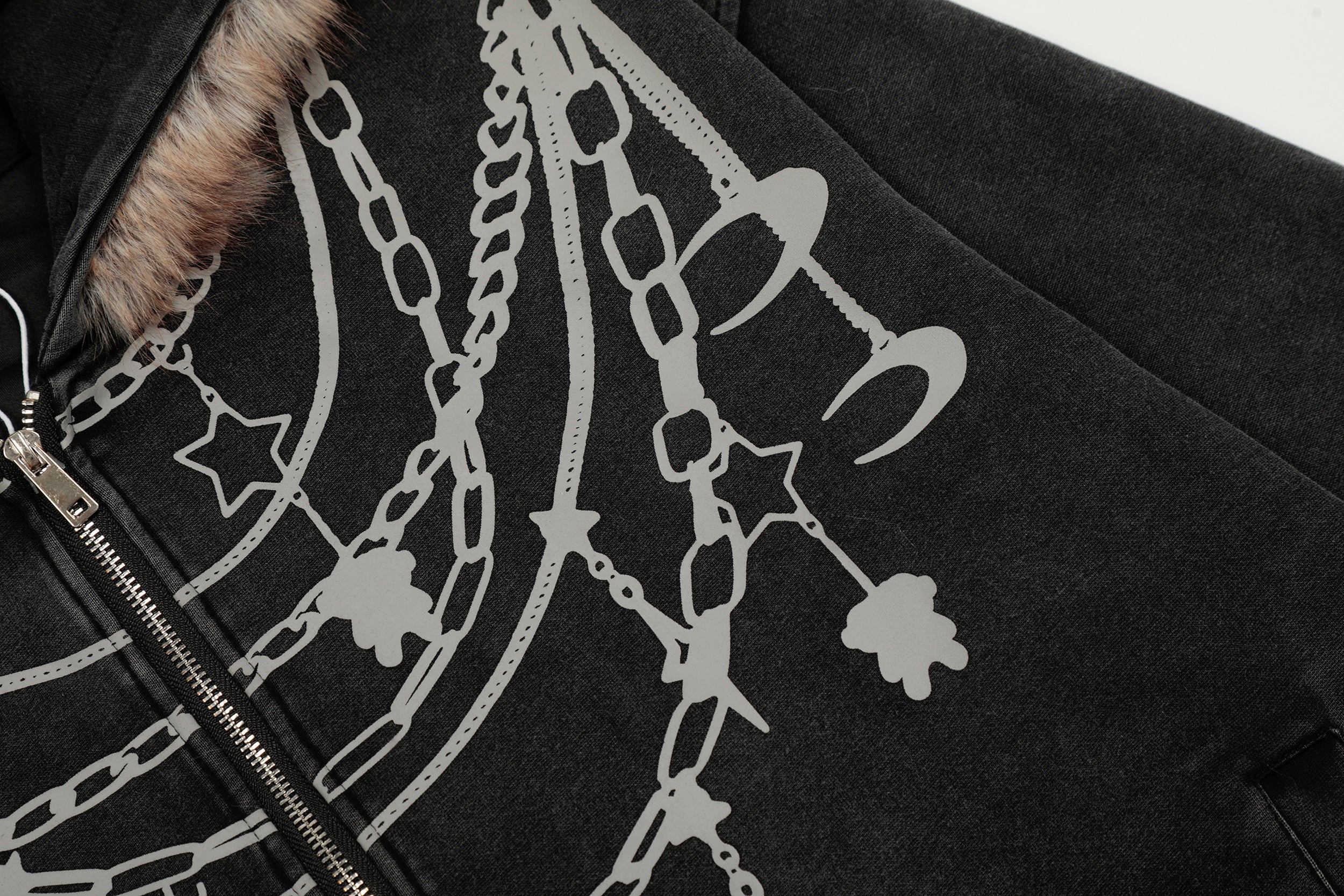 Omirad Chain Print Faux Fur Hooded Jacket