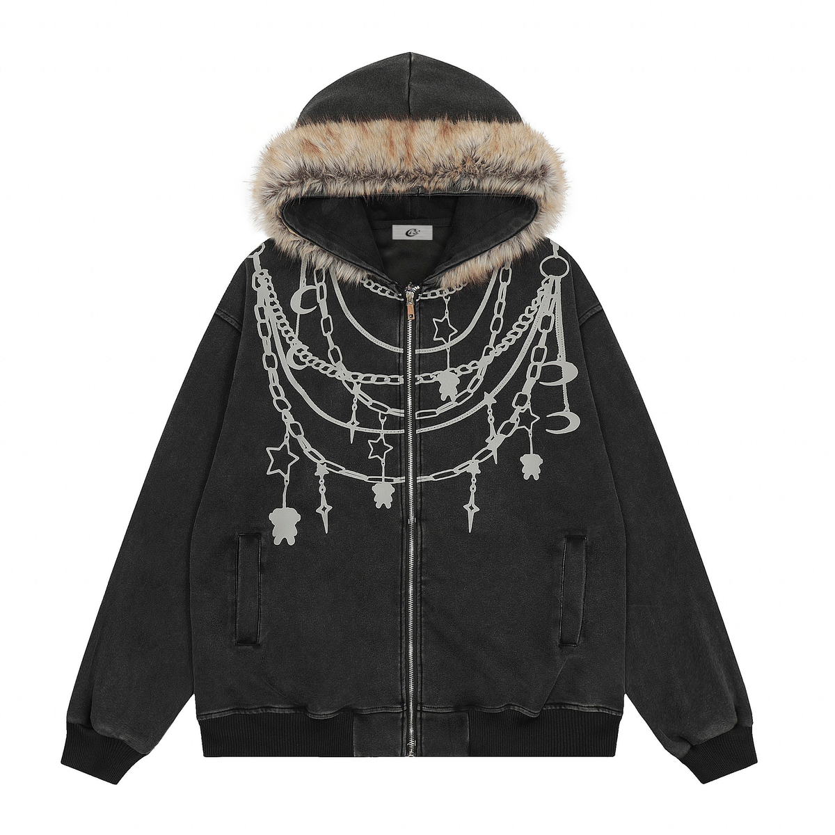 Omirad Chain Print Faux Fur Hooded Jacket