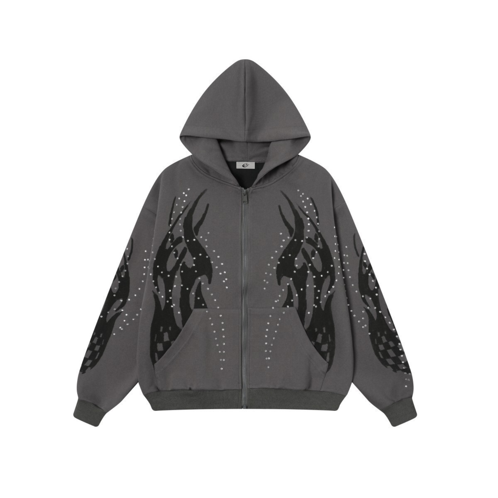 Omirad Flame Print Rhinestone Zip-Up Hoodie