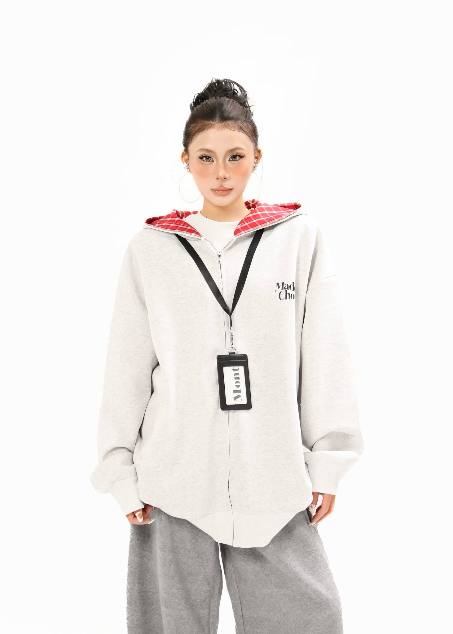 Omirad Plaid-Lined Minimal Zip Hoodie