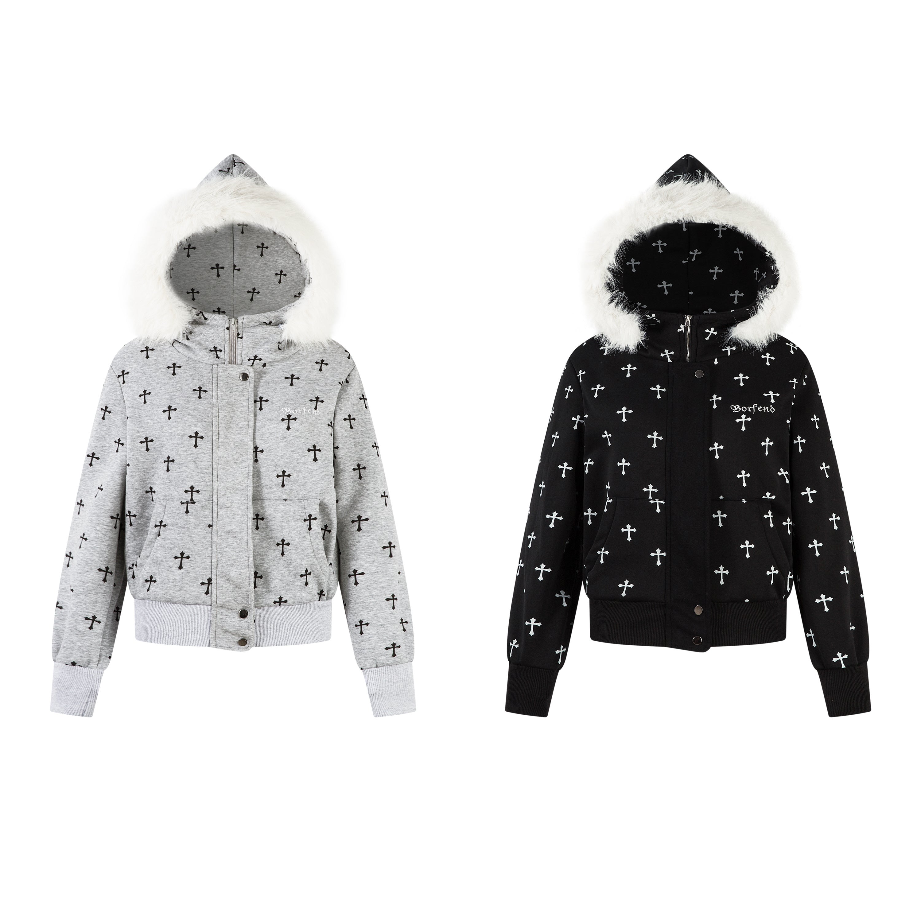 Omirad Cross Print Faux Fur Hooded Jacket