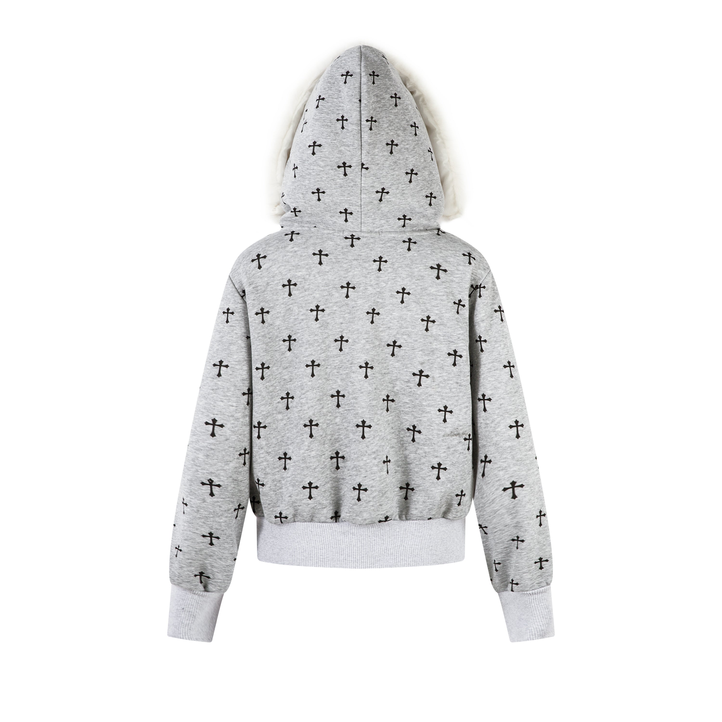 Omirad Cross Print Faux Fur Hooded Jacket