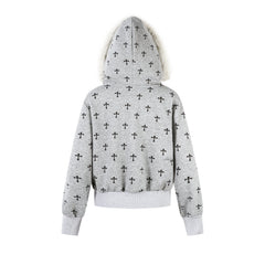Omirad Cross Print Faux Fur Hooded Jacket