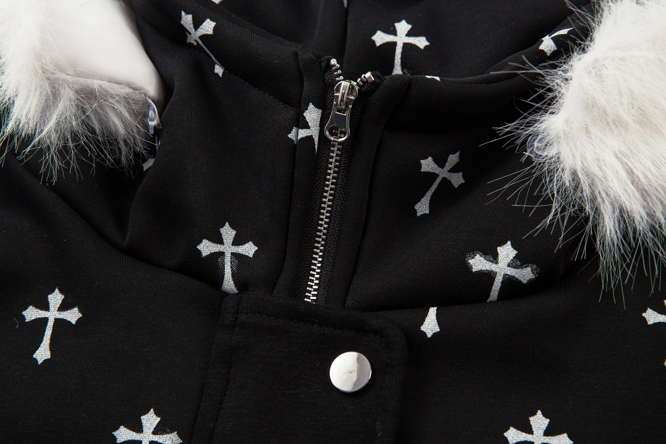 Omirad Cross Print Faux Fur Hooded Jacket