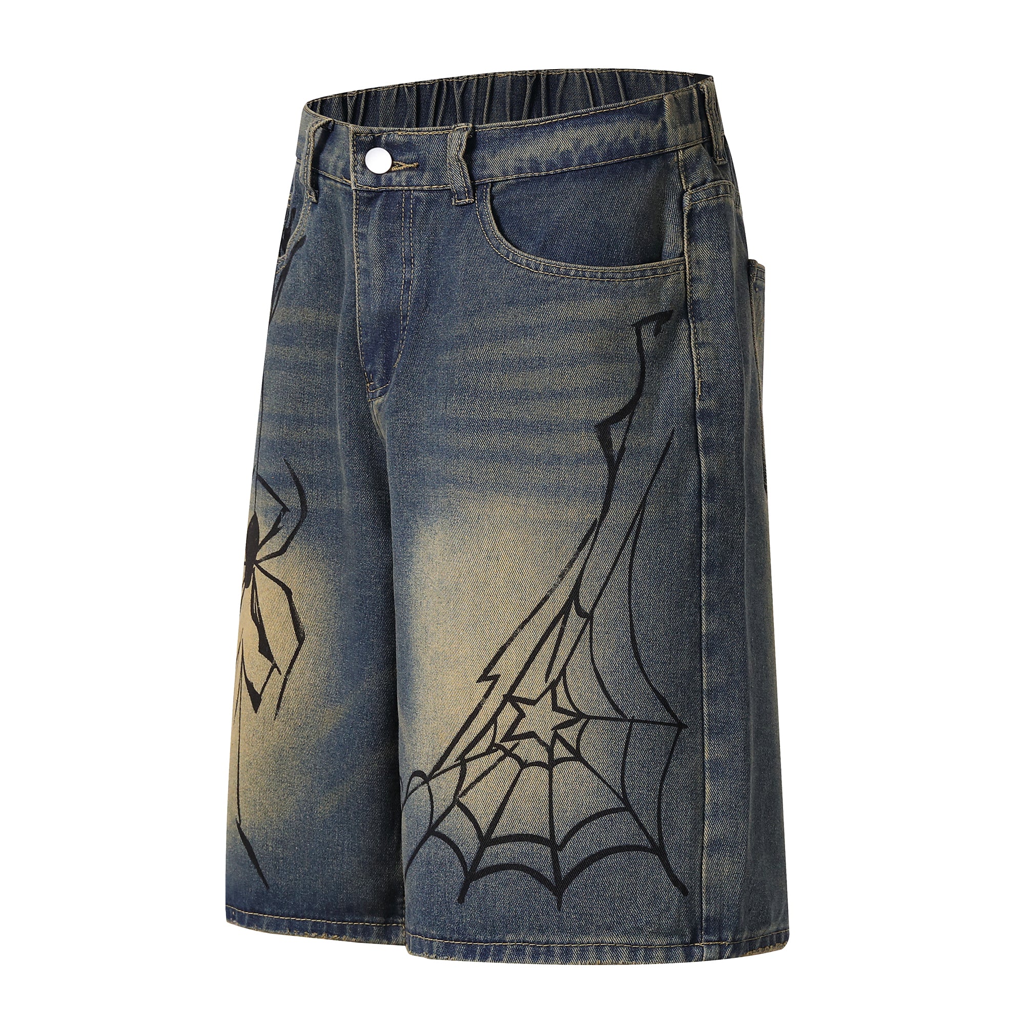 Omirad Spiderweb Graphic Wide-Leg Denim Shorts