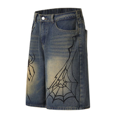 Omirad Spiderweb Graphic Wide-Leg Denim Shorts