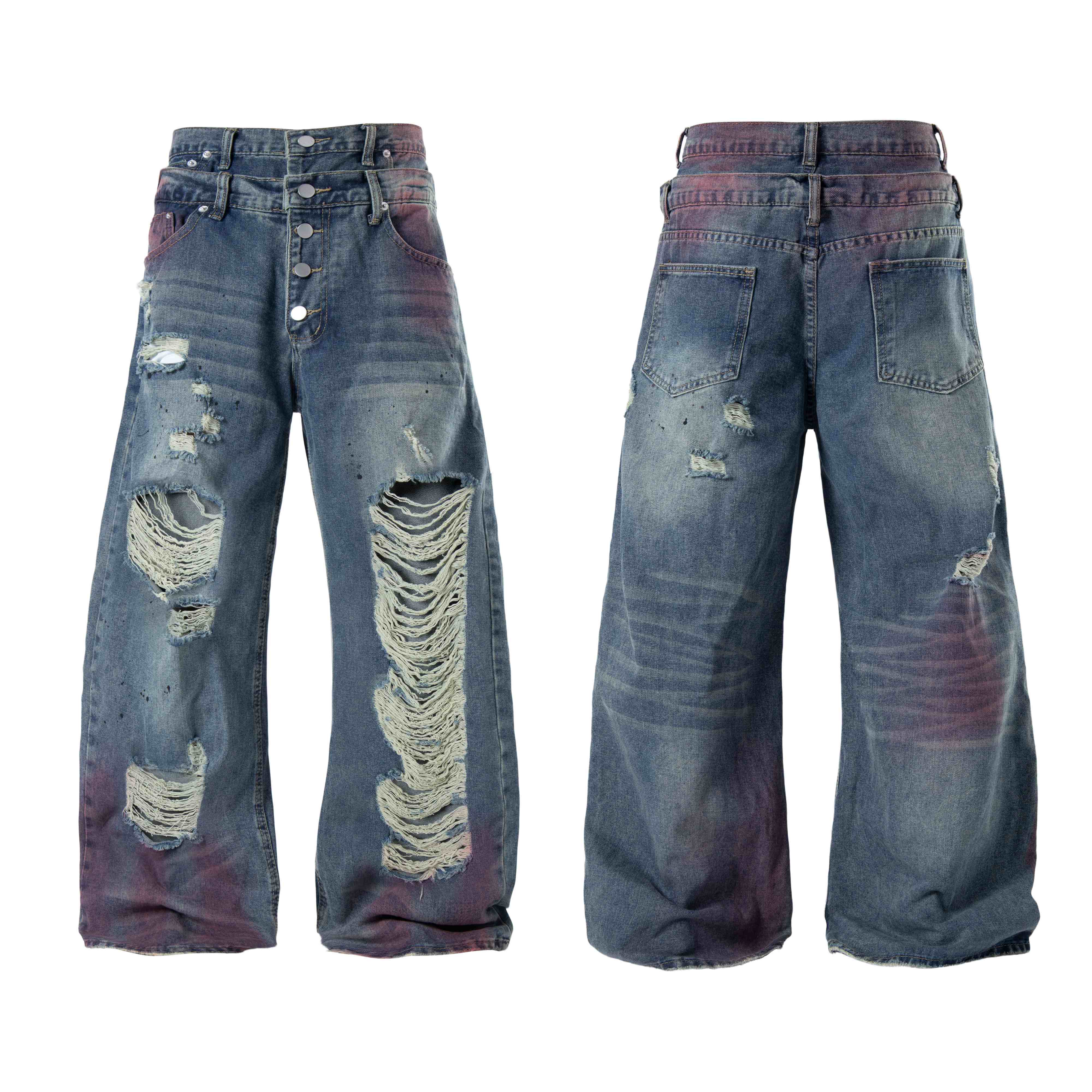 Omirad Distressed Washed Wide-Leg Jeans