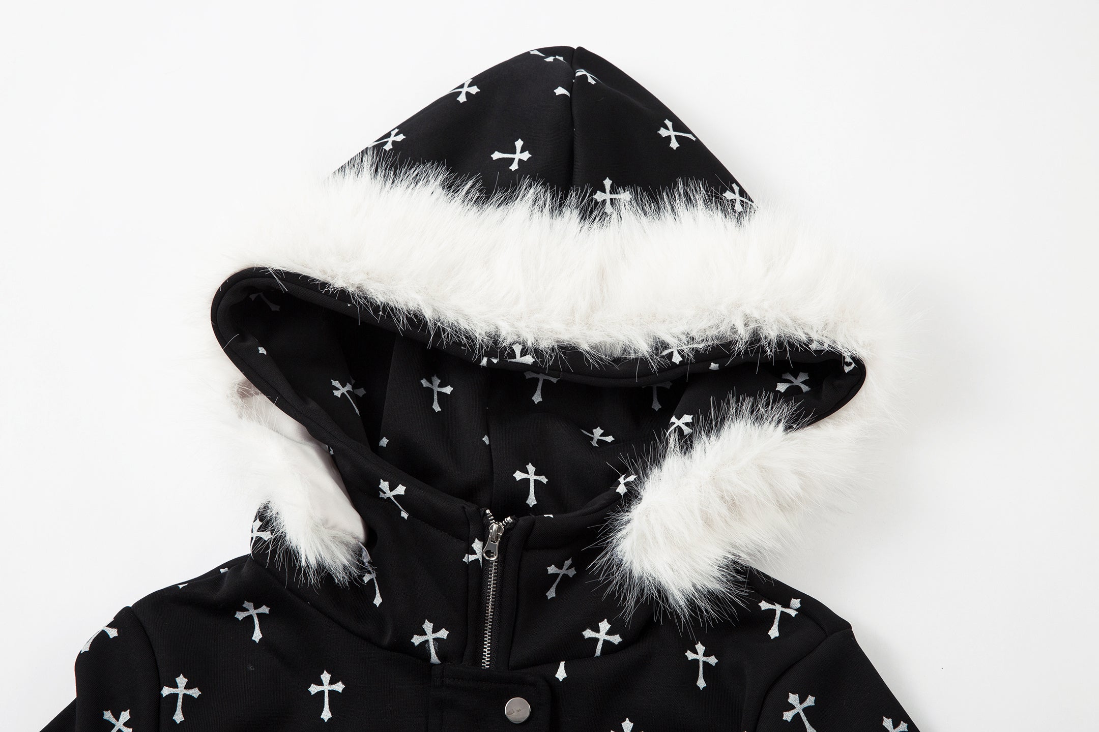 Omirad Cross Print Faux Fur Hooded Jacket