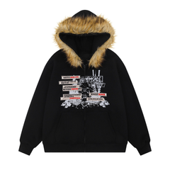 Omirad Fur-Trim Graphic Zip Hoodie