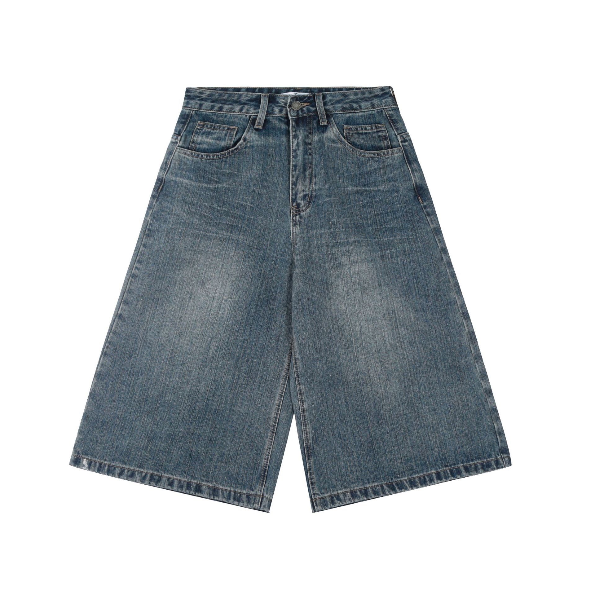 Omirad Plaid-Pocket Wide Denim Shorts