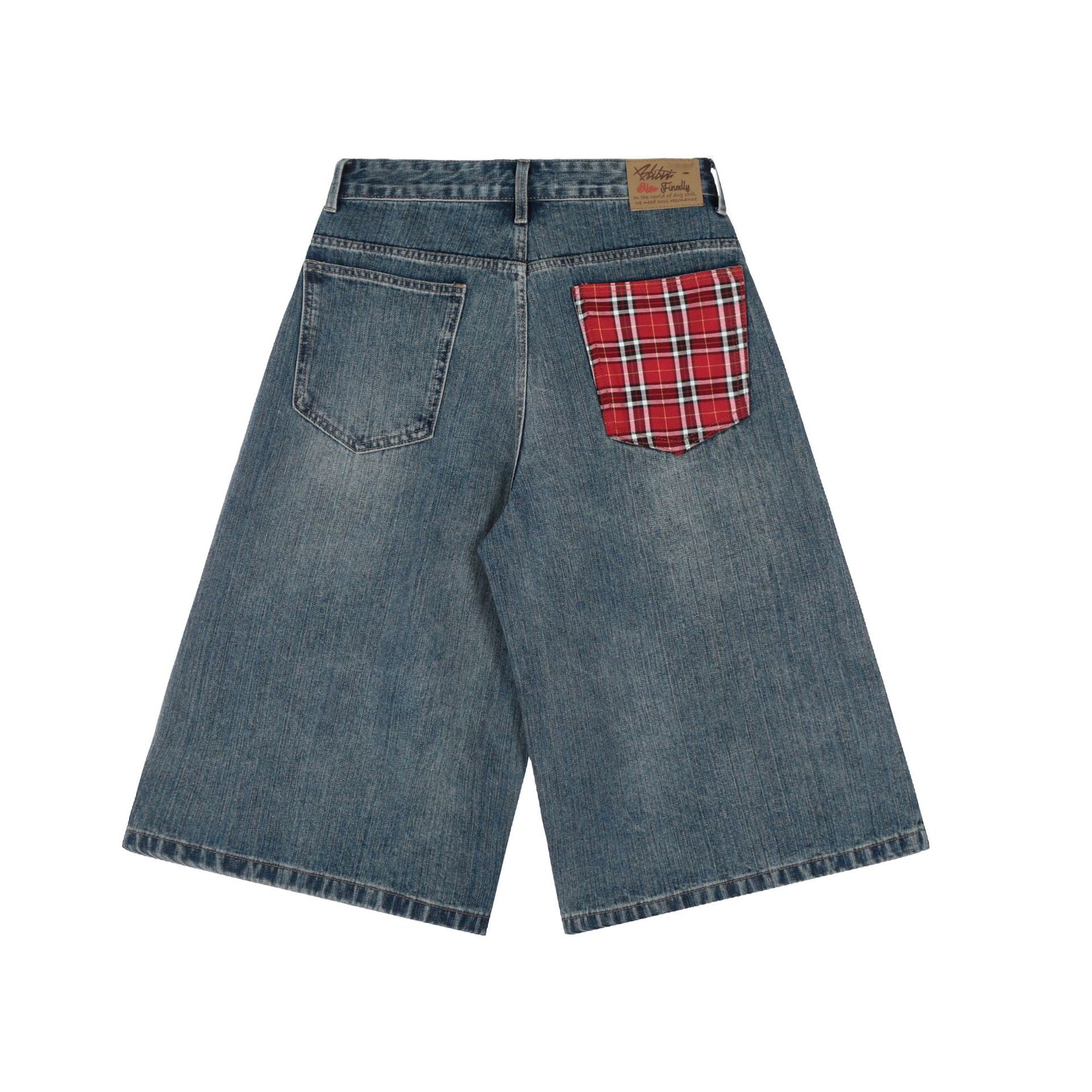 Omirad Plaid-Pocket Wide Denim Shorts