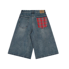 Omirad Plaid-Pocket Wide Denim Shorts