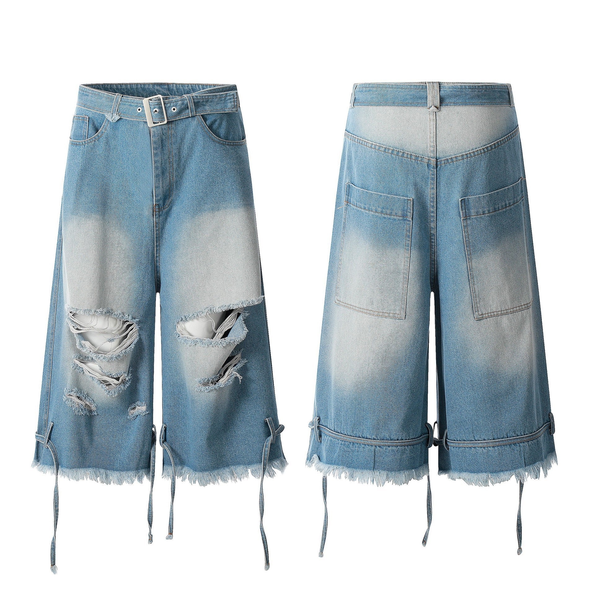 Omirad Distressed Belted Denim Jorts
