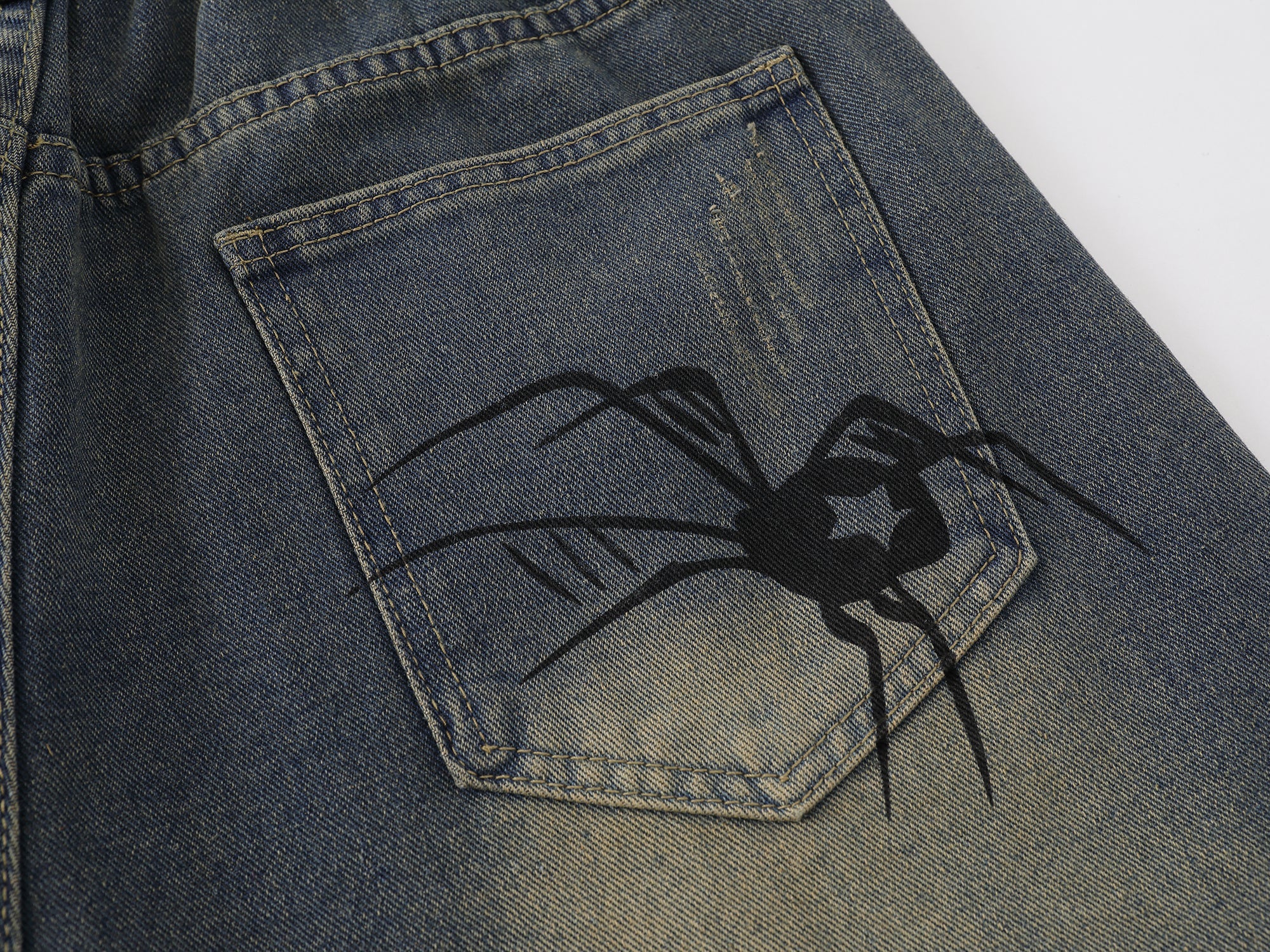 Omirad Spiderweb Graphic Wide-Leg Denim Shorts