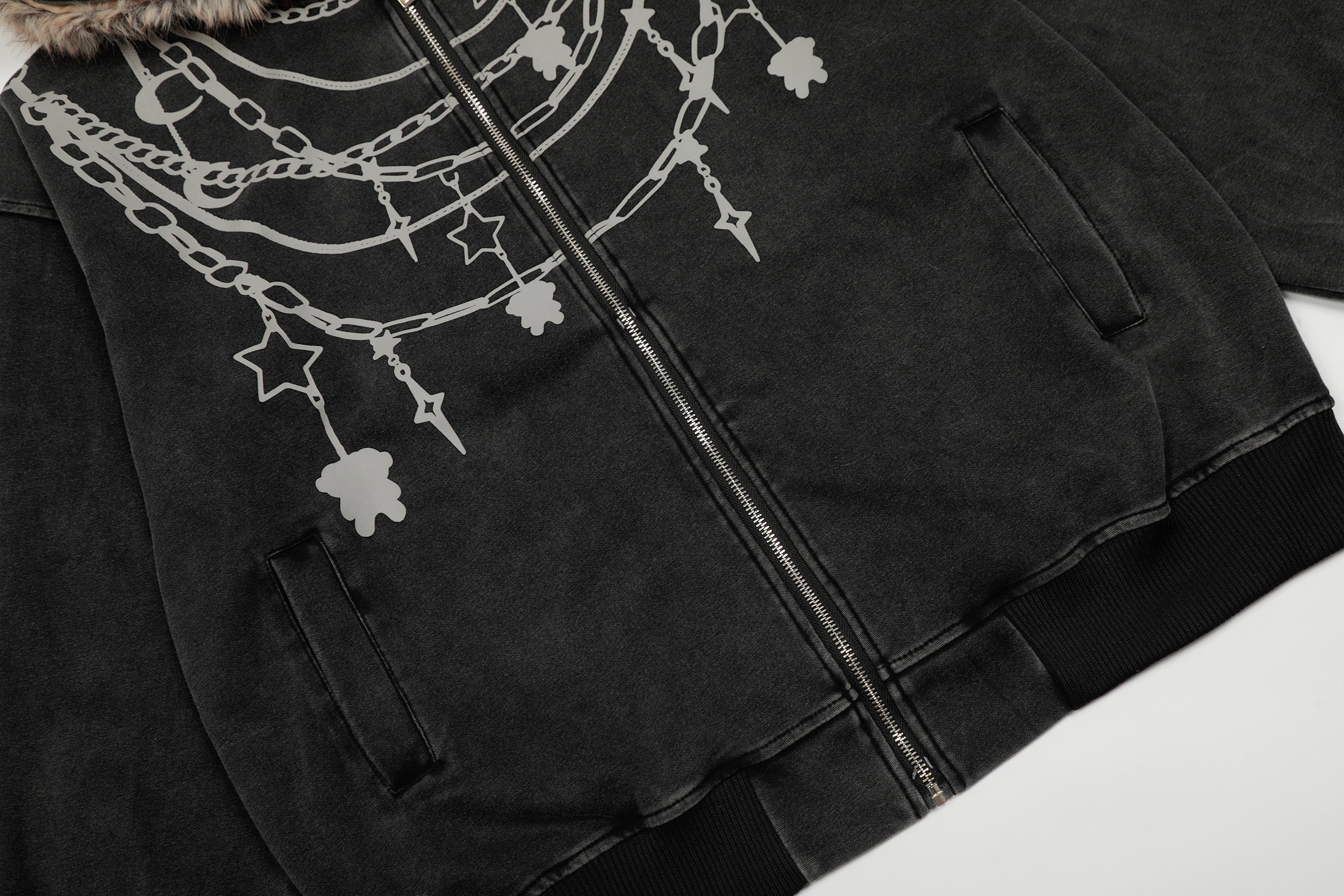 Omirad Chain Print Faux Fur Hooded Jacket