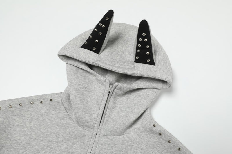 Omirad Devil Horn Studded High-Neck Zip Hoodie