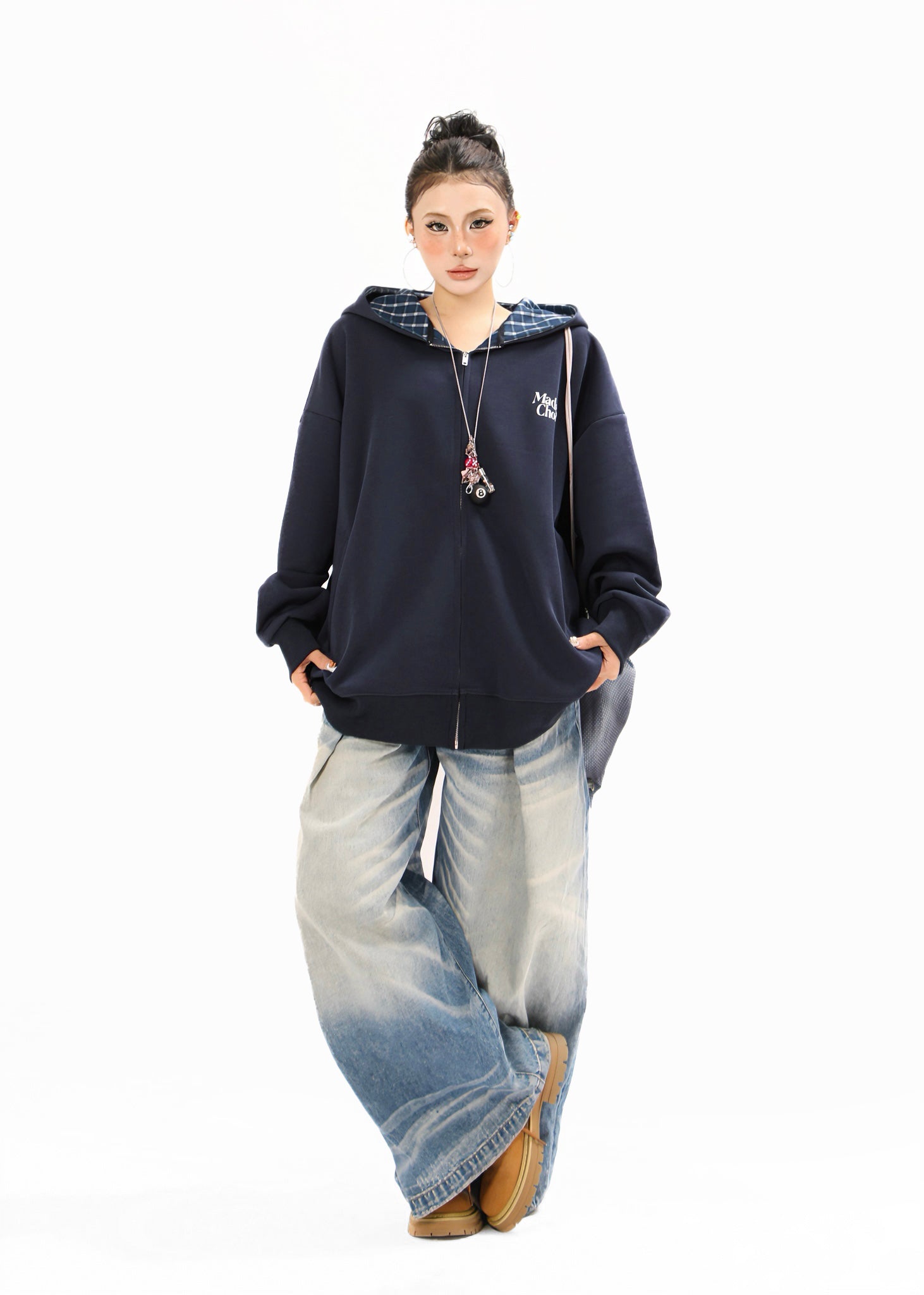 Omirad Plaid-Lined Minimal Zip Hoodie