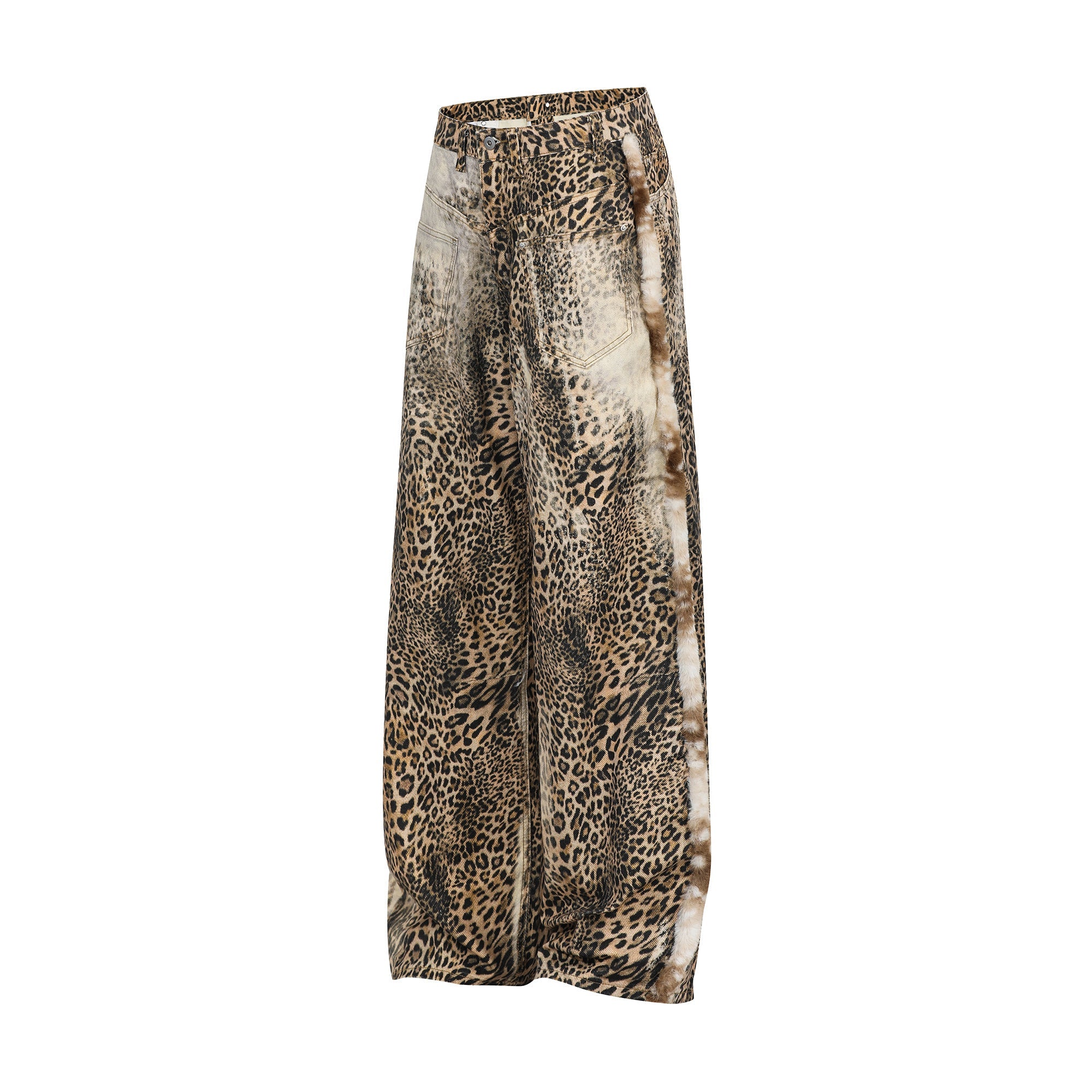 Omirad “Leopard Fur-Trim Wide-Leg Jeans”