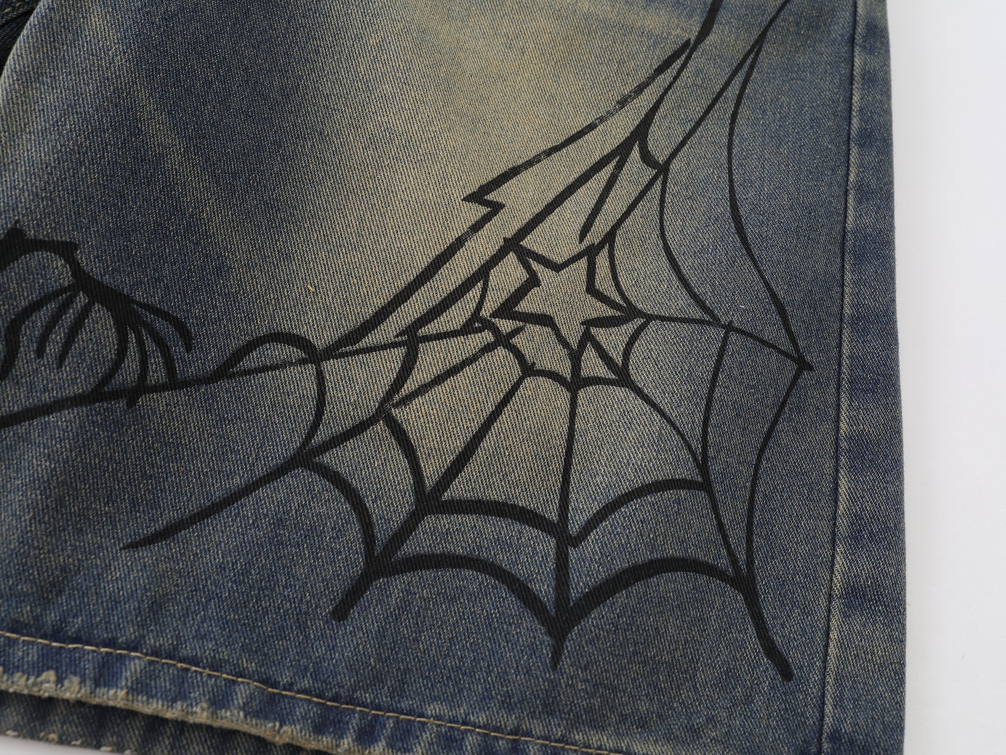 Omirad Spiderweb Graphic Wide-Leg Denim Shorts
