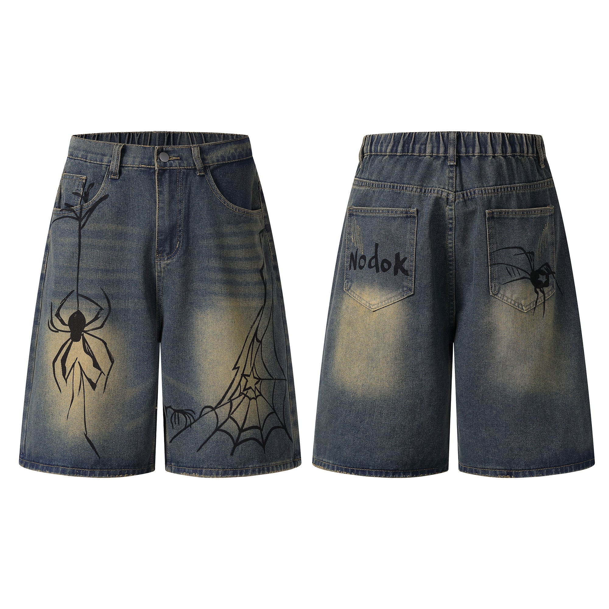 Omirad Spiderweb Graphic Wide-Leg Denim Shorts